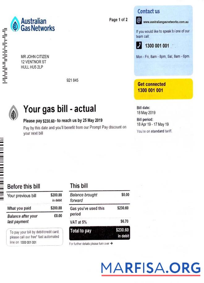 Blank Australia Gas utility bill sample